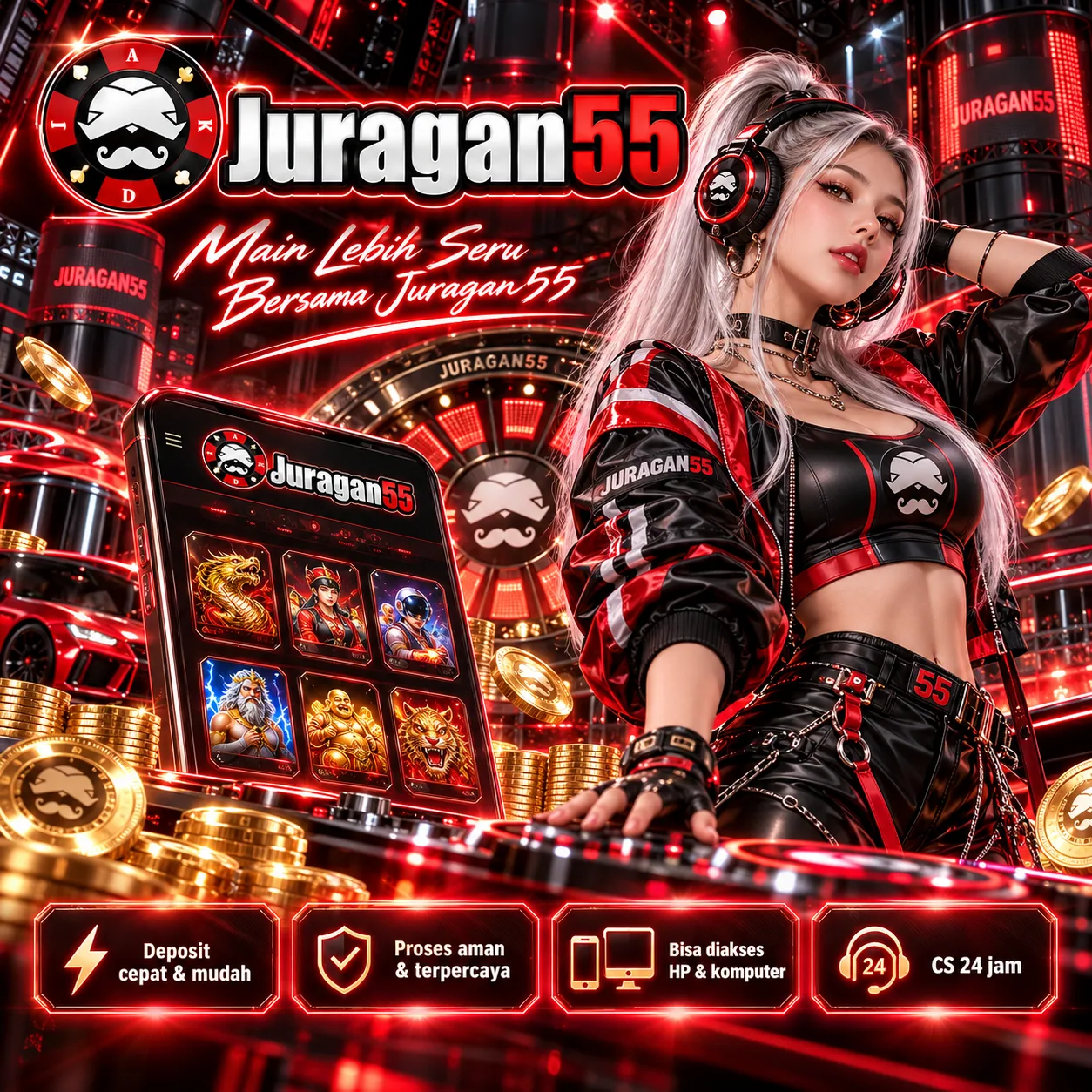 Banner JURAGAN55 SEGAR bertema game digital pada halaman beranda